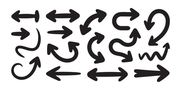Stylized black arrows showcasing fluid curves and distinct directions on a transparent canvas, symbols.