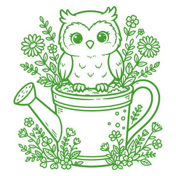 Cute owl sitting in a watering can with spring flowers line art illustration