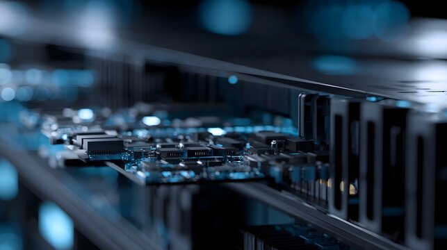 Close up of server hardware with glowing blue lights and intricate circuitry in a modern data center environment