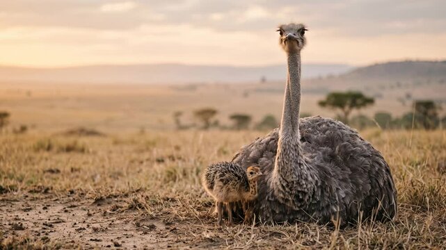ostrich with little one close up at morning light in etosha national park namibia video