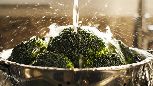 Water sprays down on fresh broccoli in a colander placed in the kitchen. The broccoli is being cleaned before preparation for a meal. The light