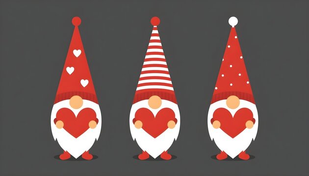 Sweet vector illustration featuring three charming gnomes holding love hearts
