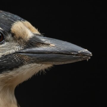 Extreme close up of a woodpecker head and beak against a dark black background, showing detailed feathers and sharp bill texture, concept of precision and natural design