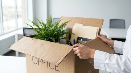Fototapeta premium Close up of a person holding a cardboard box with office supplies and a plant, representing job loss, resignation, or moving to a new workspace in a bright office, concept of career transition and job