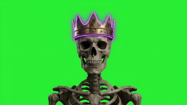 Regal 4K Haunted Skeleton with Glowing Pink Neon Crown Turning Head on Green Screen Background for Compositing
