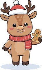 Fototapeta premium Christmas Reindeer Character Holding Gingerbread Cookie