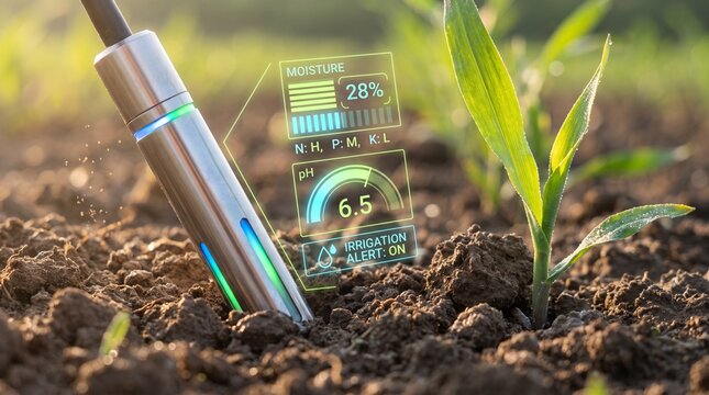 Smart Soil Sensor Probe with Agricultural Moisture HUD Overlay