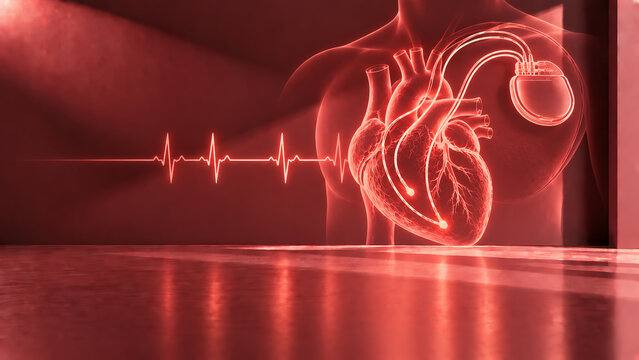 Implanted Cardiac Pacemaker with Human Heart and ECG Medical Illustration