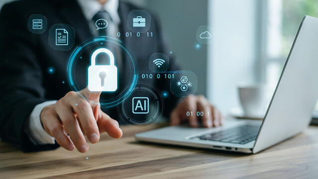 Person using laptop with digital security lock and futuristic tech icons overlay