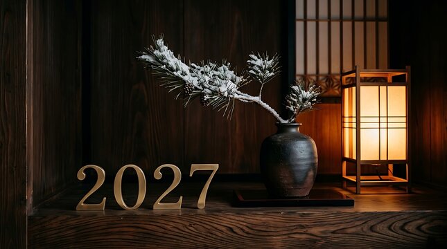 Elegant New Year 2027 Celebration Scene with Golden Digits, Traditional Japanese Andon Lamp and Zen Floral Arrangement on Dark Wooden Table