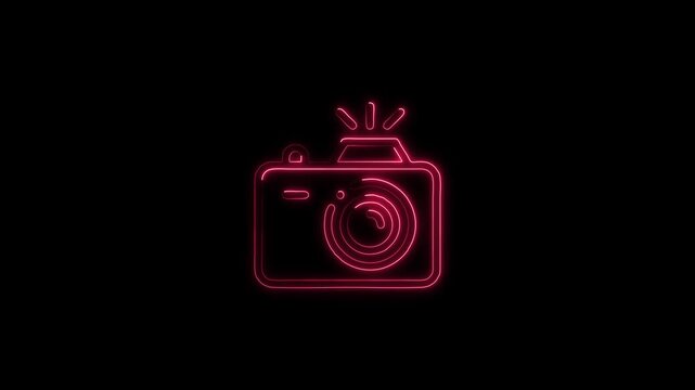 Neon camera icon animation glowing yellow color photo camera capture camcorder digital camera frame sign symbol on black background