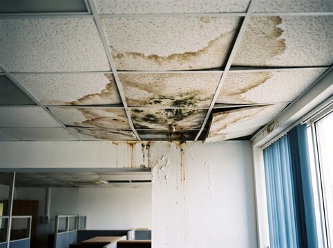 Severe water damage and mold growth on office drop ceiling tiles with staining and structural leak issues, property maintenance and repair