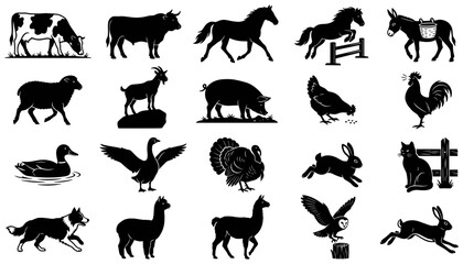 Fototapeta premium Farm Animal Silhouettes Set with Livestock, Poultry, and Rural Fencing Elements