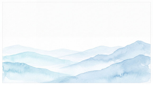 Watercolor landscape depicts layered misty mountains in a pale blue palette
