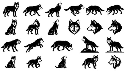 Obraz premium Wolf Silhouettes Set with Various Poses and Headshots Featuring Wolves