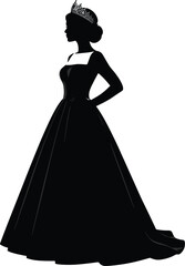Elegant queen wearing luxurious ball gown dress and royal tiara crown standing in side profile vector illustration © MDOAZED