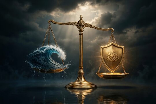 Golden Scales Balancing Ocean Wave and Protective Shield Concept