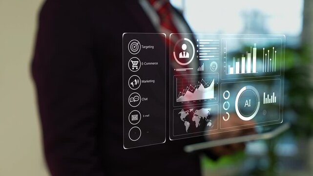 Businessman using virtual people analytics interface, Businessman in a dark suit uses a virtual touchscreen with transparent people, profile and analytics icons in a modern office.