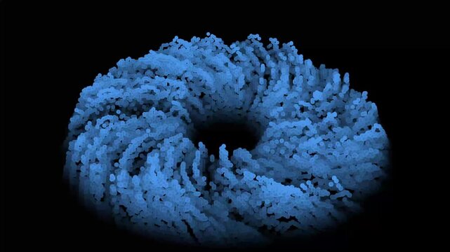 Swirling torus shape animation flows with teal glowing particles. Cosmic vortex curves stream in this swirling torus shape. Mathematical geometry animates the active swirling torus shape.