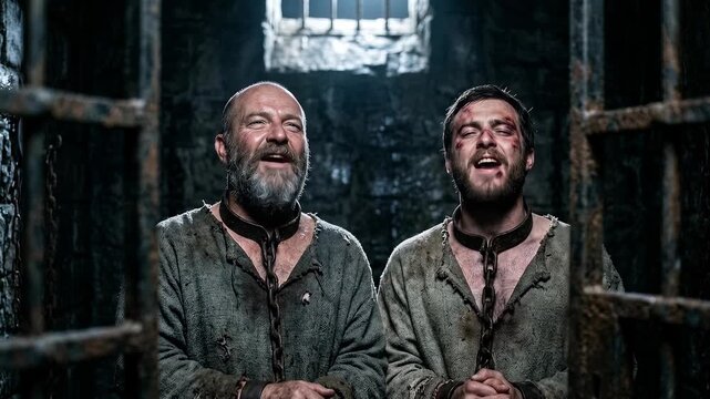 Paul and Silas Sing Joyfully While Imprisoned in Shackles Symbolizing Biblical Faith Worship Perseverance Hope Divine Deliverance Spiritual Freedom Courage and Christian Devotion in the Book of Acts