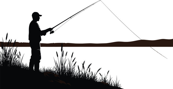 Male fisherman angler standing on lake shore casting long rod outdoor weekend recreation sport hobby vector landscape