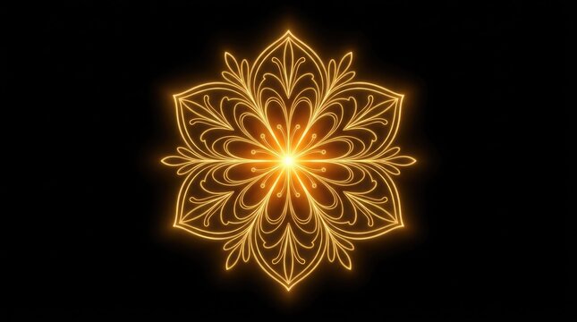 A captivating digital artwork showcasing a radiant symmetrical light effect embodying intricate patterns and a mesmerizing golden glow against a dark backdrop creating a