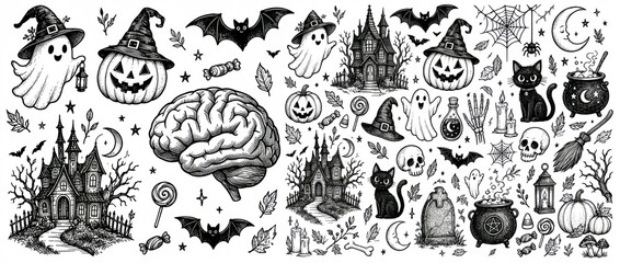 Obraz premium Vintage Hand Drawn Halloween Doodles Elements Set with Jack-O-Lanterns, Ghosts, Haunted Houses, Brain, Black Cat, Cauldron, Skulls, and Spooky Symbols