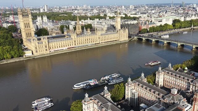 London Skyline In England United Kingdom. Thames River Scenery. Downtown District. Big Ben Building. London Skyline In England United Kingdom. London Eye Ferris Wheel. Westminster Bridge.