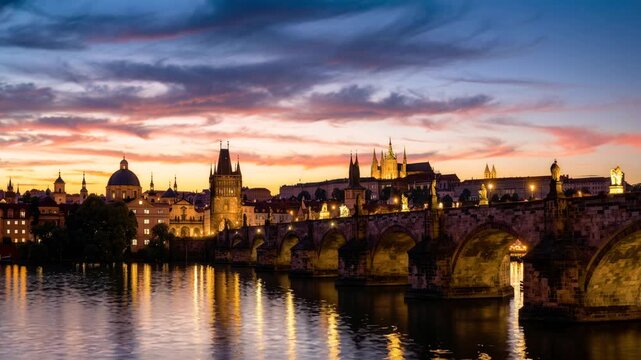 timelapse view of prague city with charles bridge from sunset to night transition czech republic video