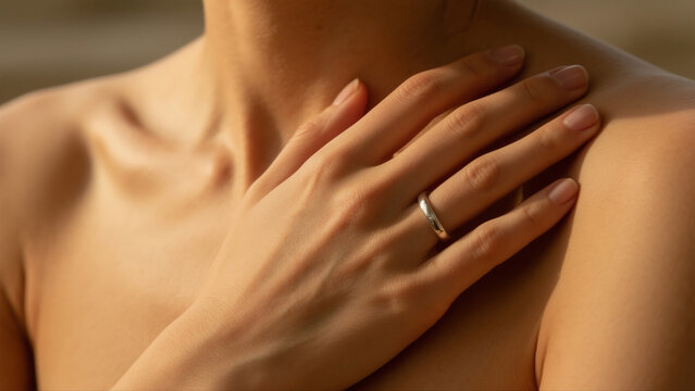 Closeup of hand with silver ring resting on shoulder, jewelry advertisement