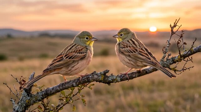 two ortolan buntings at sunset light in camargue france video