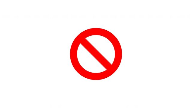 A dynamic flat red prohibited/no symbol where the drawing order is reversed. The diagonal slash punches out from the center first with an elastic overshoot, triggering the circle to wrap around seamle