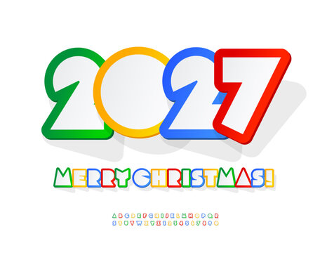 Vector Colorful Greeting Card Merry Christmas 2027! Bright Children's Font. Unique Modern Alphabet Letters and Numbers set.