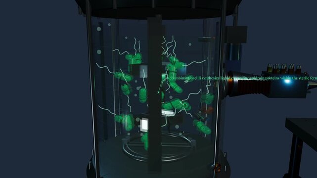 3D animation detailing the bio manufacturing process of synthetic spider silk via recombinant bacteria fermentation and microfluidic spinning of spidroin proteins into high strength biomaterial