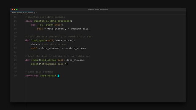 A 4K simulation of a modern code editor. Starts with existing static code, then seamlessly simulates a human typing new lines of Python/Machine Learning code with realistic pauses, bursts of speed, an