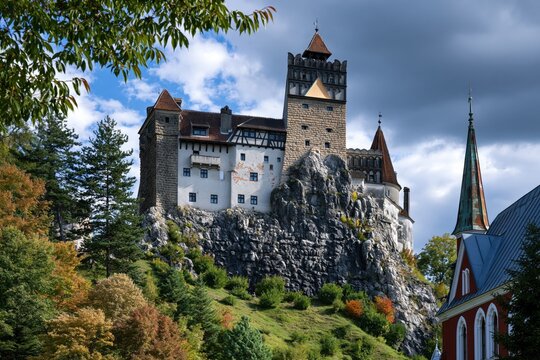 Historic medieval fortress perched on a rocky hill surrounded by lush trees under a dramatic cloudy sky, showcasing stunning architectural details and vibrant n