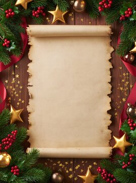 Blank Vintage Parchment Scroll Frame Surrounded by Christmas Decorations, Pine Branches, Red Berries, Golden Stars, and Ribbon on Dark Wooden Background
