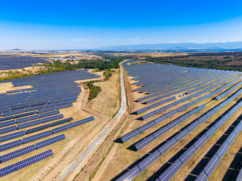 Large solar panel farm in an open landscape with multiple rows of panels under clear blue sky