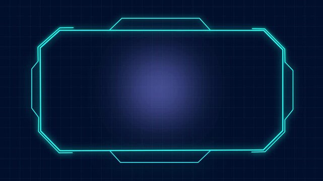 Glowing cyan futuristic interface frame on a dark blue grid background with a soft purple center light and empty space for text or technology design.