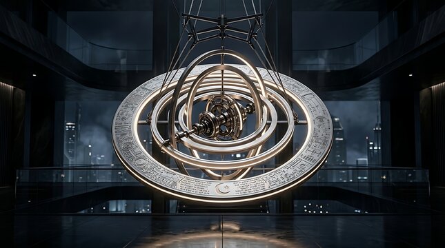 Intricate Gold Armillary Sphere Sculpture Suspended in a Dark Modern Hallway for Elegant Interior Design and Scientific Decor