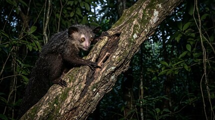 Fototapeta premium Wild aye-aye lemur climbing tree trunk at night in rainforest of Madagascar