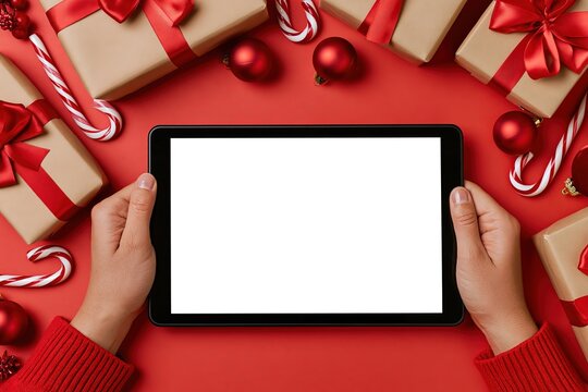 Hands holding a digital tablet with a blank white screen on a festive red Christmas background