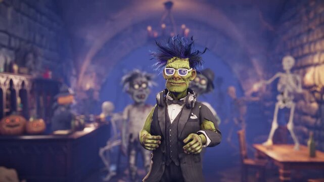 Funny Frankenstein monster, cartoon zombies and skeleton dancing at Halloween party in a gothic dungeon pub, 3D animation