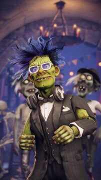 Funny Frankenstein monster, cartoon zombies and skeleton dancing at Halloween party in a gothic dungeon pub, 3D animation