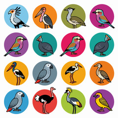 Fototapeta premium Colorful bird character icons in circular frames set.