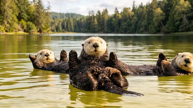 three sea otters relaxing on their backs in monterey bay at morning light california video