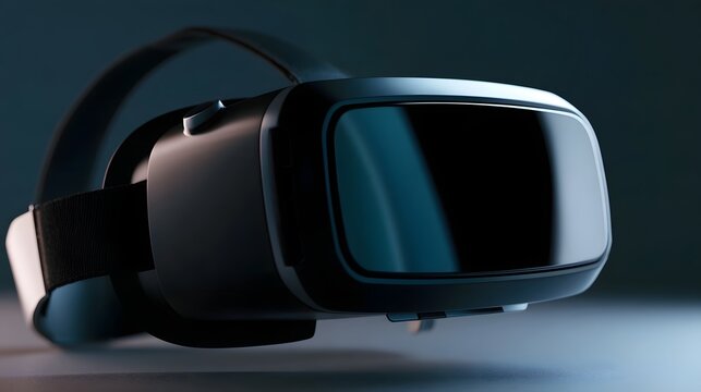 A sleek black virtual reality headset with adjustable straps and reflective es  shown in a minimalist studio setting with soft lighting