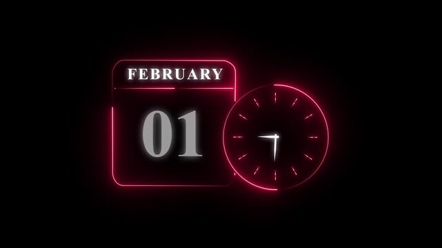February first date calendar with glowing clock