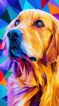 Vibrant digital geometric painting of a golden retriever dog showcasing bold colorful shapes and expressive eyes in an abstract style