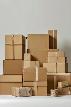 A neat stack of various cardboard packages and parcels sealed with tape and string on a clean studio background, ready for delivery